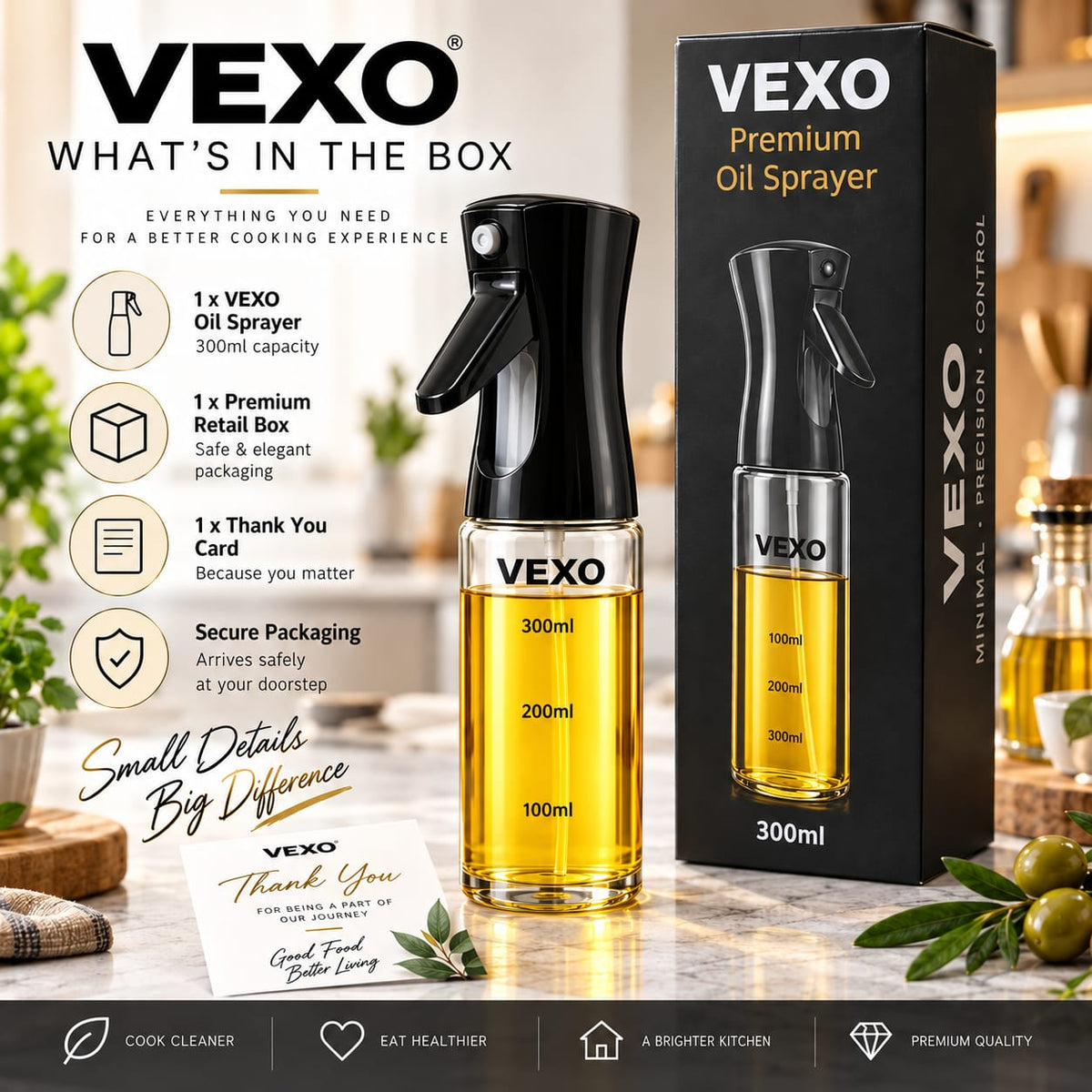 VEXO 300ml Glass Oil Sprayer for Cooking